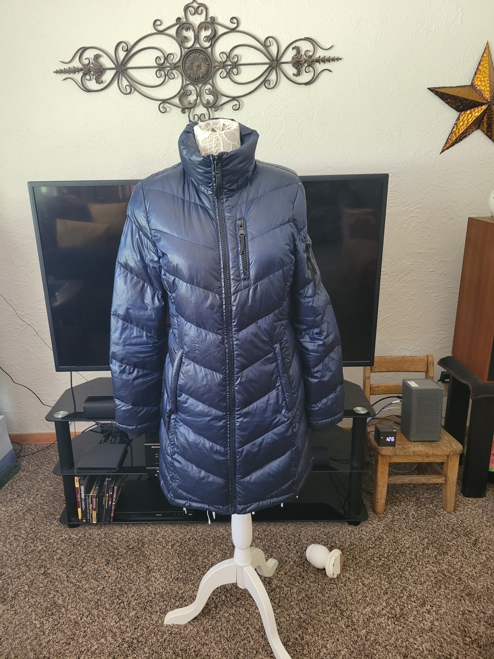 Andrew Marc Long Navy Quilted Puffer Coat with High Collar